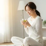 햇살 가득한 창가에서 따뜻한 차 한 잔으로 차분하게 아침을 시작하는 한국 여성, 평화로운 모닝 루틴의 순간.