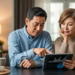 국민연금 수령 시기를 고민하는 한국인 중년 부부가 태블릿을 보며 대화하는 모습.