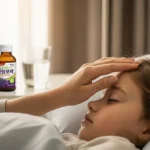 아이의 이마를 짚으며 열을 확인하는 한국인 엄마의 손. 독감 회복을 위한 보살핌과 휴식의 중요성을 나타냅니다.