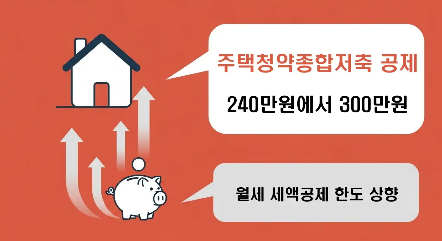 2025년 주택청약저축 및 월세 세액공제 한도 상향을 보여주는 인포그래픽