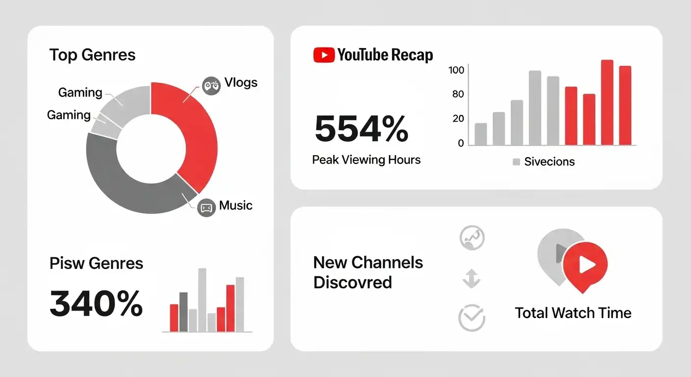 2025 유튜브 리캡의 다양한 통계 데이터를 보여주는 인포그래픽: 시청 시간, 인기 장르, 최고 시청 시간대 등