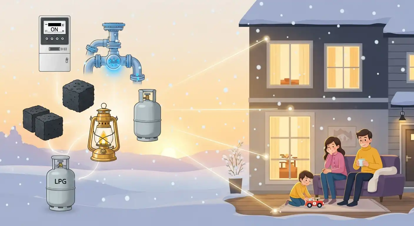 난방비와 에너지바우처 지원을 상징하는 다양한 에너지원과 따뜻한 집에서 휴식하는 가족의 모습.