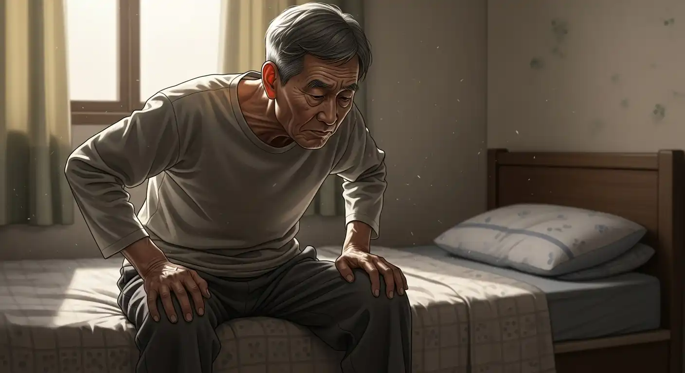침대에 앉아 천천히 일어설 준비를 하는 70대 한국인 할아버지, 기립성 저혈압 예방을 위한 점진적 자세 변화의 중요성.