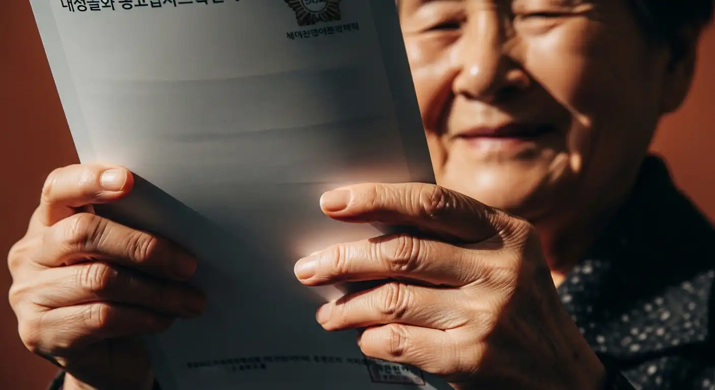 노인이 의료급여 관련 서류를 들고 안도하는 모습, 부양비 폐지로 인한 혜택을 상징합니다.
