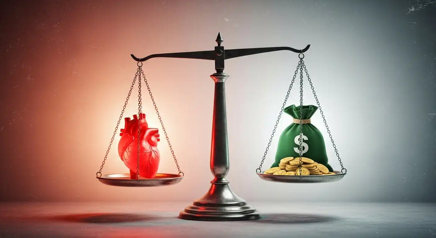 생명의 존엄성을 상징하는 심장과 경제적 인센티브를 상징하는 돈 주머니가 양쪽 저울에 놓여 윤리적 딜레마를 표현하는 추상적인 이미지.