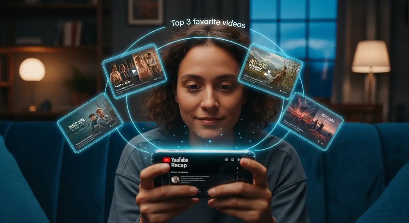 스마트폰으로 유튜브 리캡을 보며 자신의 최애 영상을 회상하는 사람, 주변에 홀로그램 영상 썸네일이 떠 있음