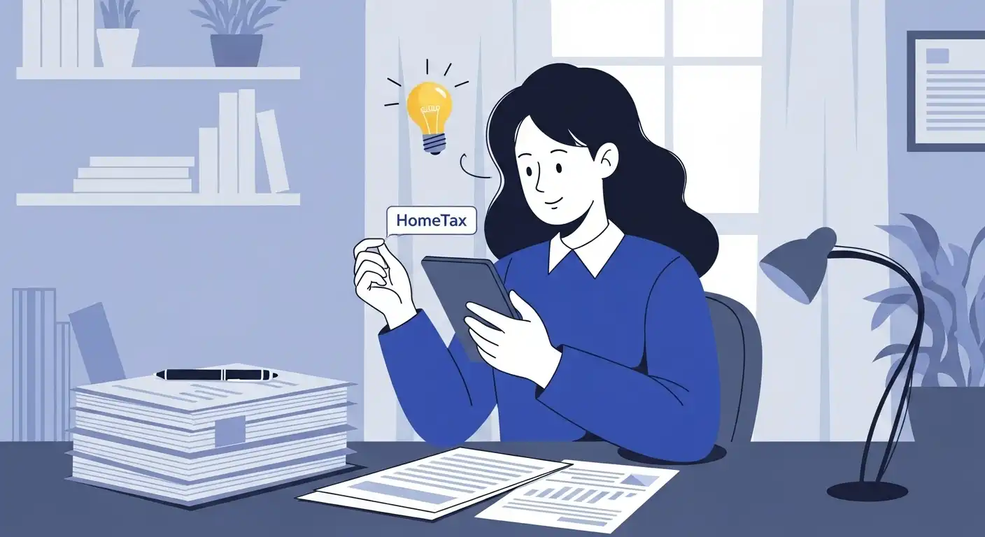 집중해서 서류를 정리하고 홈택스 앱을 확인하는 한국인. 책상 위에는 서류와 태블릿이 놓여 있으며, 똑똑한 절세 계획을 나타내는 전구 아이콘이 보입니다.