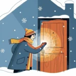 사회복지사가 추운 겨울날 취약계층 가구를 직접 방문하여 도움의 손길을 건네는 모습. 적극적인 복지 발굴 시스템을 상징합니다.