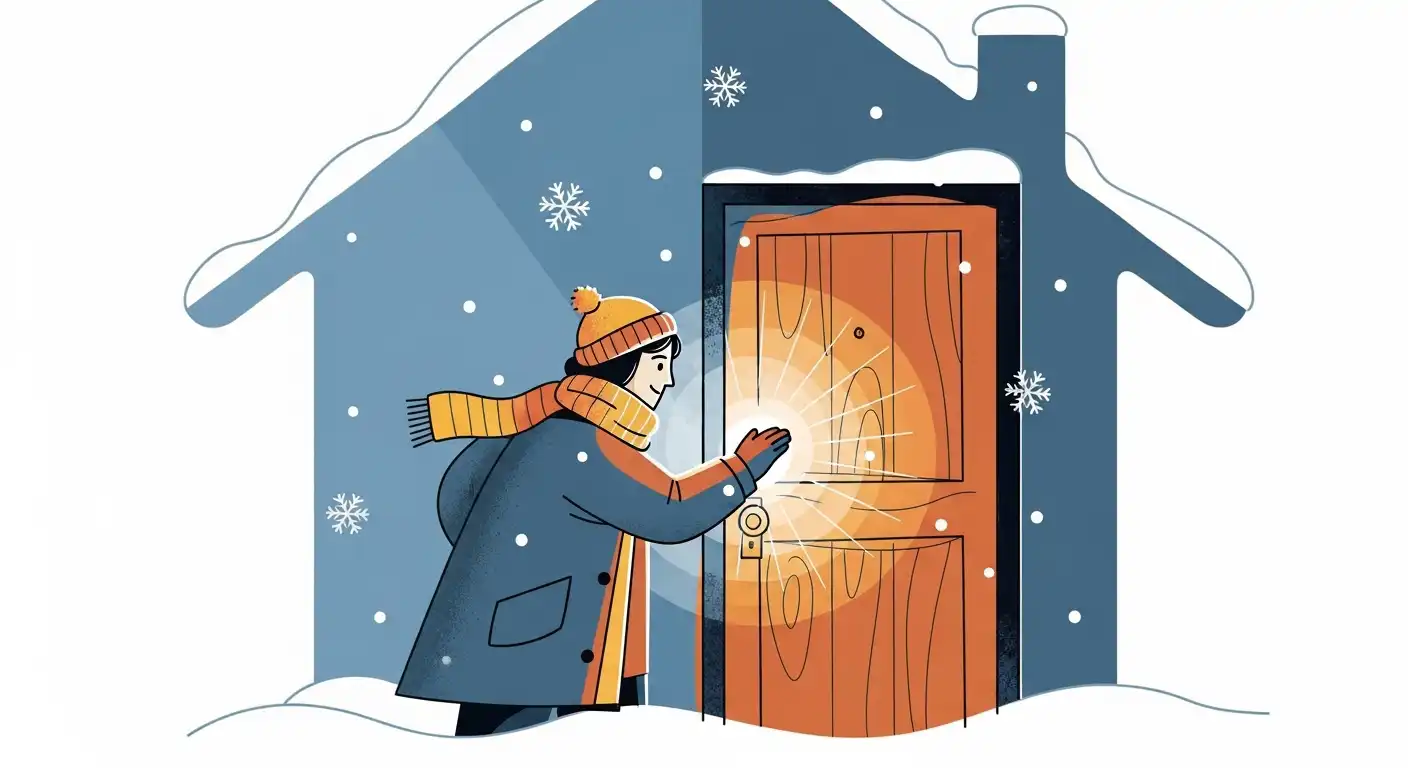 사회복지사가 추운 겨울날 취약계층 가구를 직접 방문하여 도움의 손길을 건네는 모습. 적극적인 복지 발굴 시스템을 상징합니다.