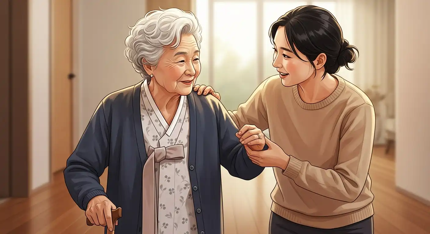 가족의 부축을 받으며 실내에서 조심스럽게 걷는 80대 한국인 할머니, 노인 낙상 예방을 위한 돌봄과 주의를 상징.