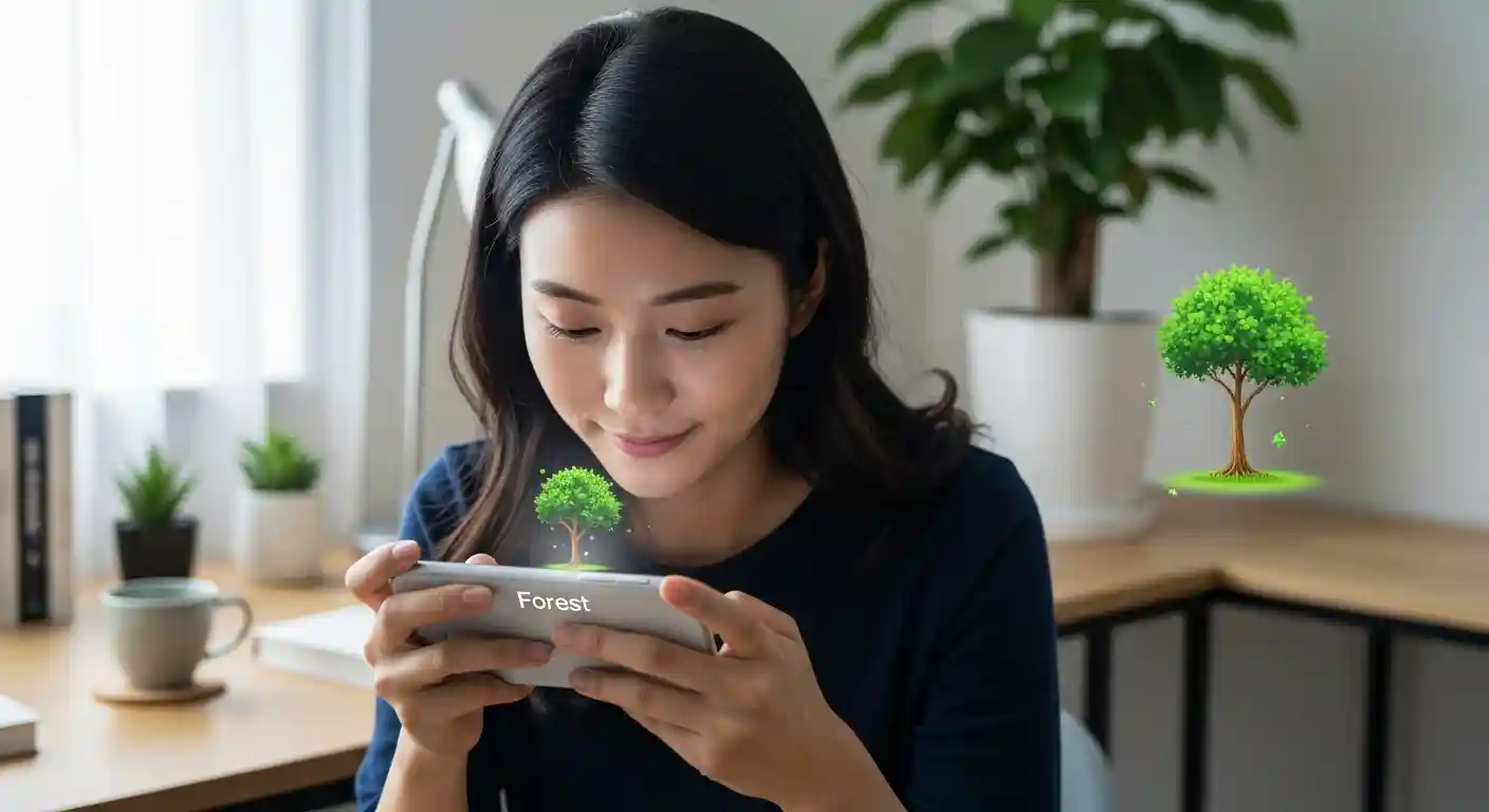 스마트폰 앱 'Forest'를 사용하며 집중하는 한국인 여성의 사실적인 모습. 화면 속 나무가 자라는 것을 통해 집중력 향상을 나타냅니다.