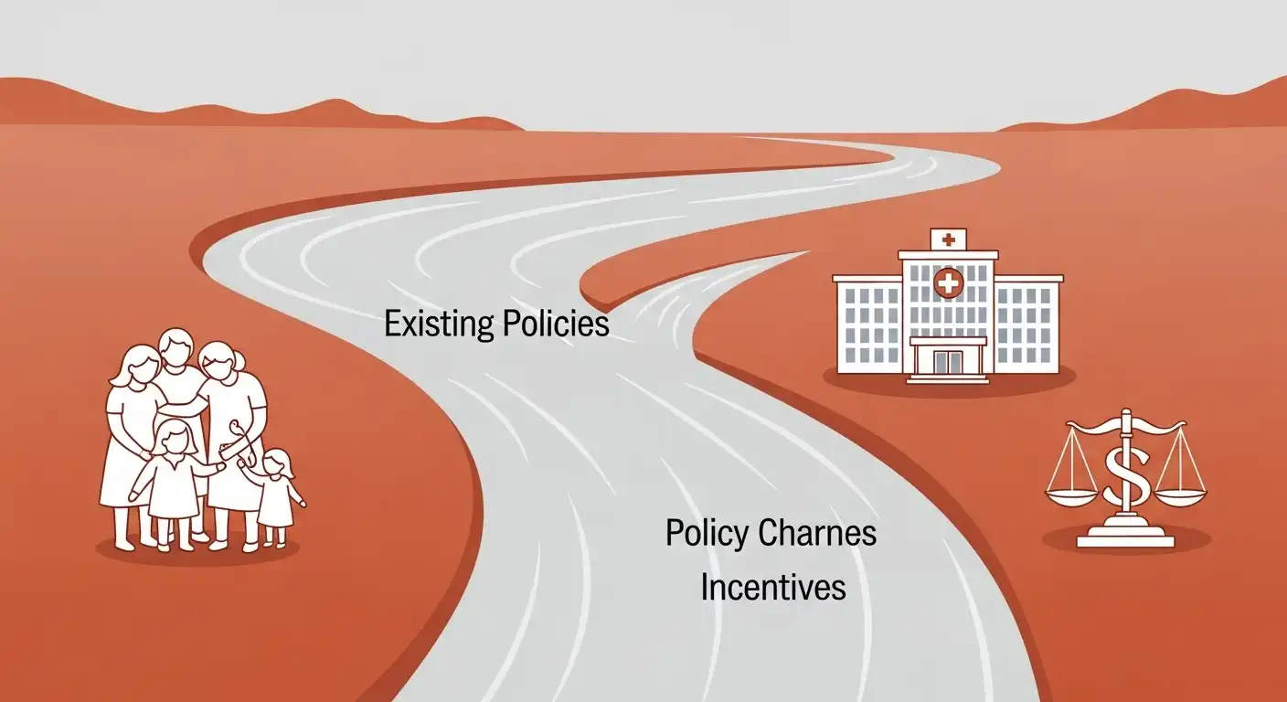 기존 정책을 상징하는 잔잔한 강물과 새로운 정책 변화를 상징하는 역동적인 물줄기가 합쳐지며 사회적 변화를 암시하는 비유적 이미지.