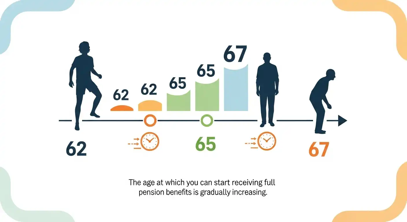 국민연금 수급 개시 연령이 늦춰지는 추세를 표현한 인포그래픽. 현재 60대 초중반에서 60대 중반~후반으로 연령이 상향될 가능성을 시간 흐름으로 보여줌.