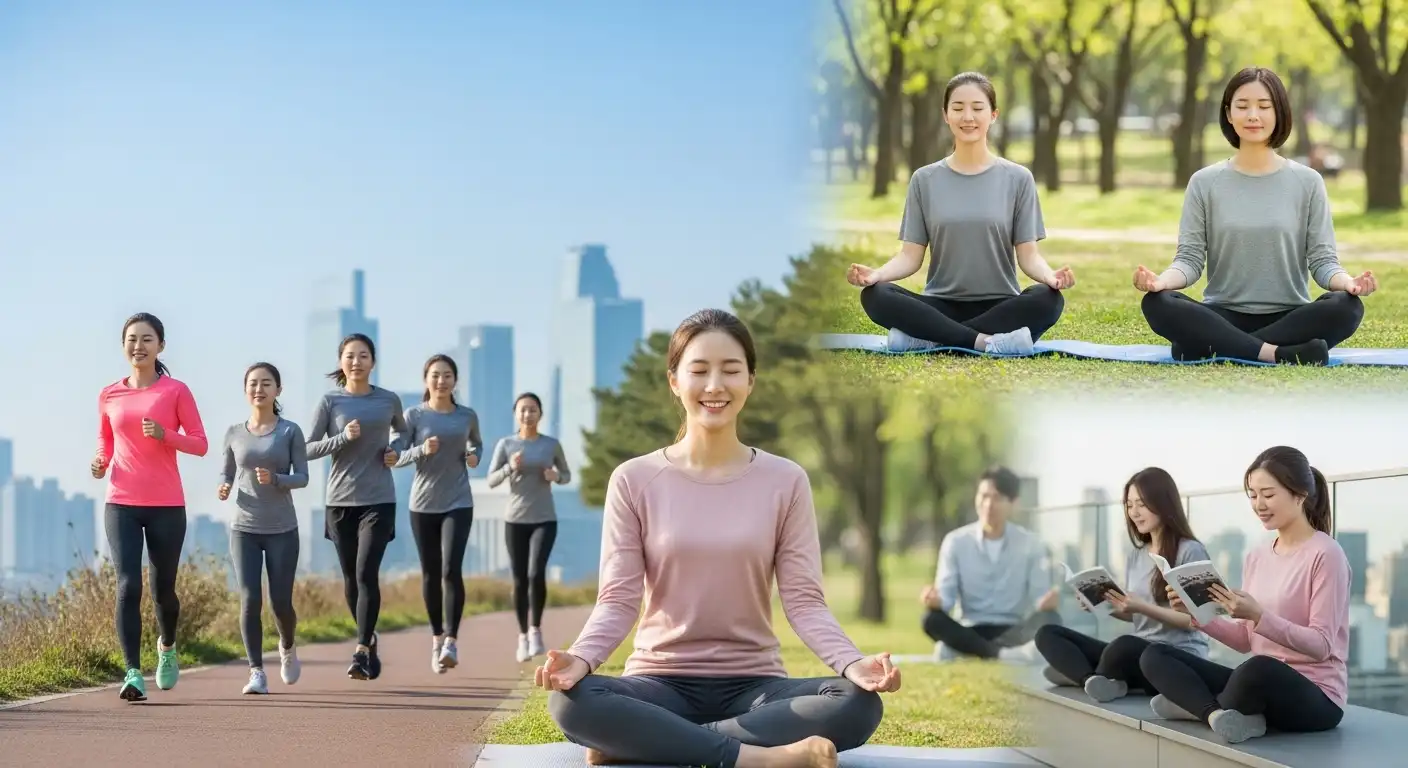 공원에서 조깅하거나 명상하는 등 다양한 모닝 루틴을 꾸준히 실천하는 한국인들.