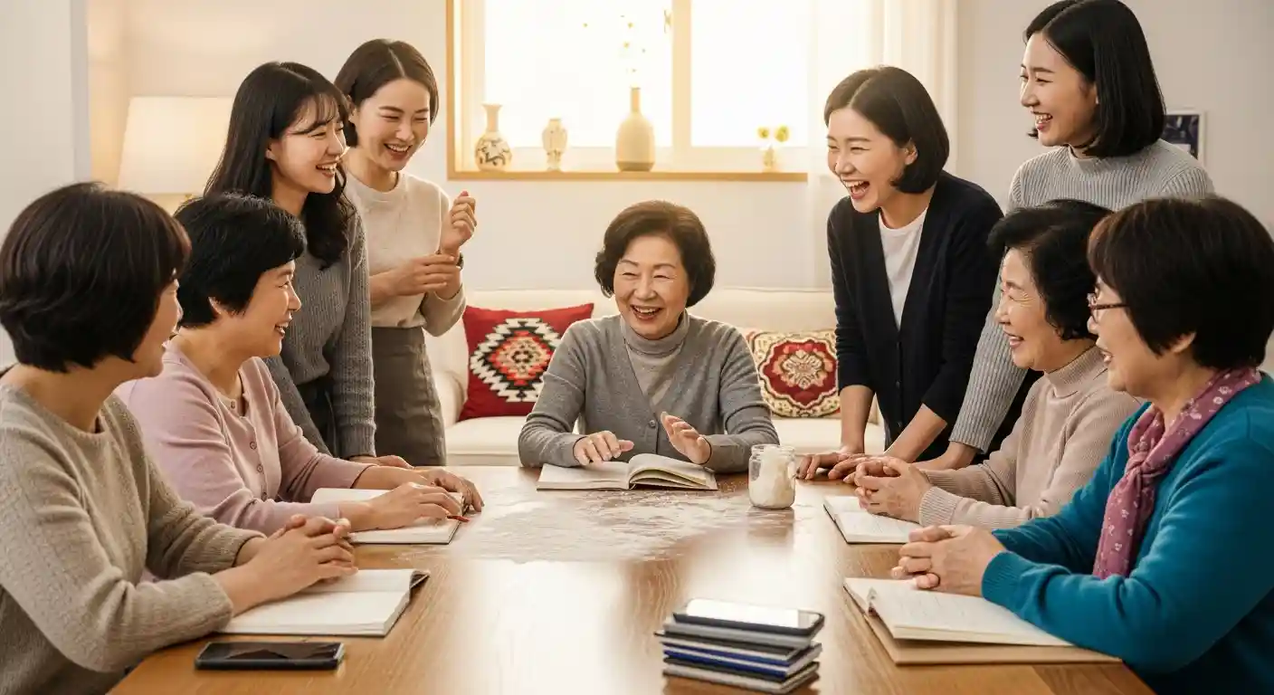 오프라인 취미 모임에서 즐겁게 소통하는 다양한 연령대의 한국인들의 사실적인 모습. 스마트폰은 옆에 놓여있어 현실적인 교류의 중요성을 강조합니다.