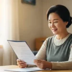 2026년 생계급여 기준 상향 소식을 듣고 희망찬 미소를 짓는 한국인 여성