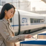 한국인 여성이 지하철 개찰구에서 카드를 태그하며 웃고 있는 모습, 배경에는 버스와 GTX가 보임.