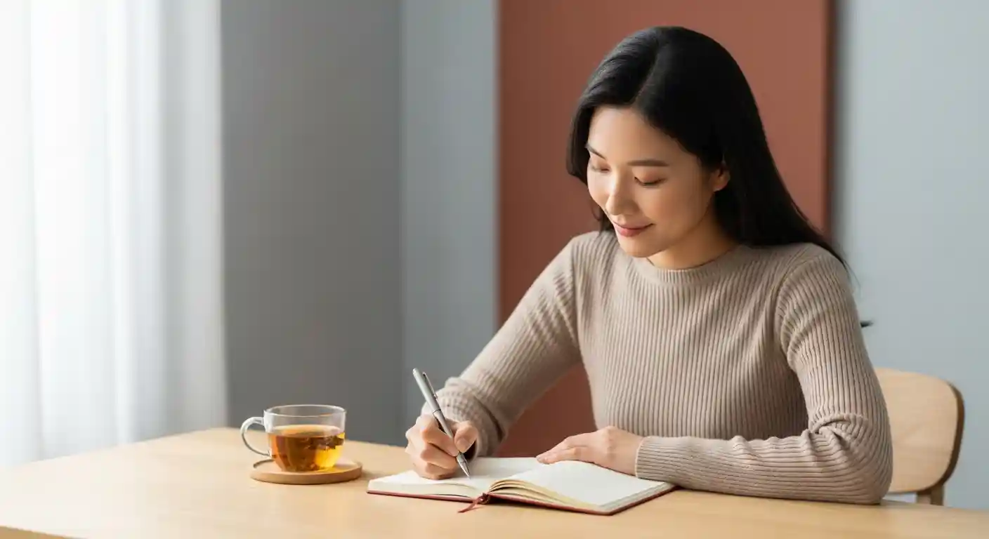 인생을 바꾸는 감사일기 쓰는 방법 초보자도 쉽게 시작하는 긍정 습관 1 차분한 표정의 한국인 여성이 따뜻한 햇살이 비추는 공간에서 테라코타색 감사일기에 정성껏 글을 쓰는 모습. 긍정적인 자기 성찰과 행복 증진을 나타냅니다.