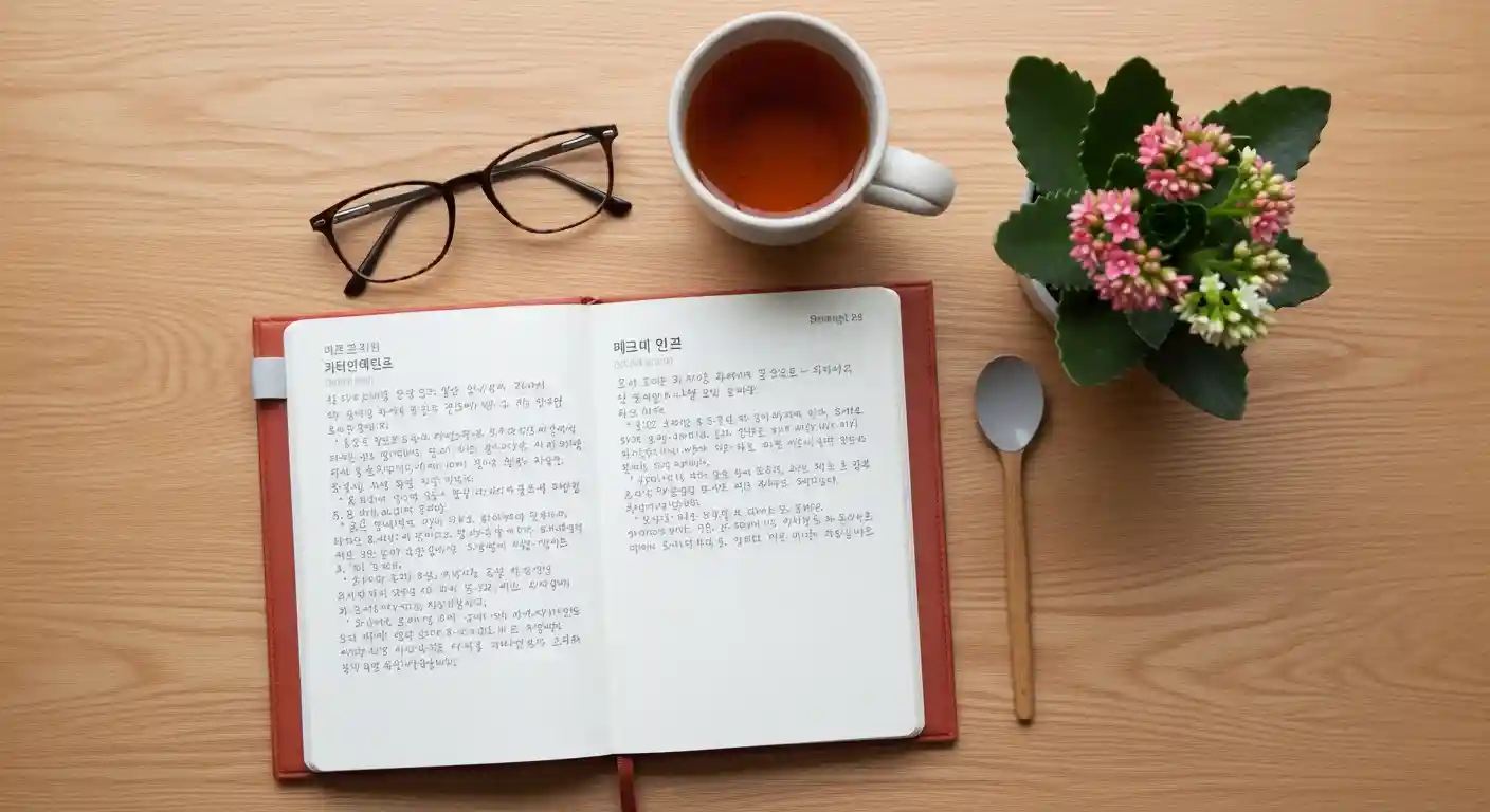 인생을 바꾸는 감사일기 쓰는 방법 초보자도 쉽게 시작하는 긍정 습관 3 손글씨가 적힌 감사일기가 열려 있는 모습과 따뜻한 차, 작은 식물, 안경이 함께 놓인 평화로운 장면. 일상적인 감사와 자기 성찰을 상징합니다.