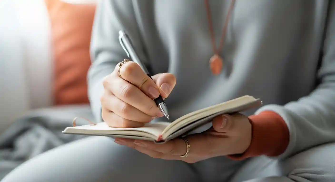 인생을 바꾸는 감사일기 쓰는 방법 초보자도 쉽게 시작하는 긍정 습관 2 한국인 여성의 손이 작은 노트와 펜을 잡고 감사일기를 쓰고 있는 클로즈업. 차분하고 사려 깊은 글쓰기 순간을 보여줍니다.