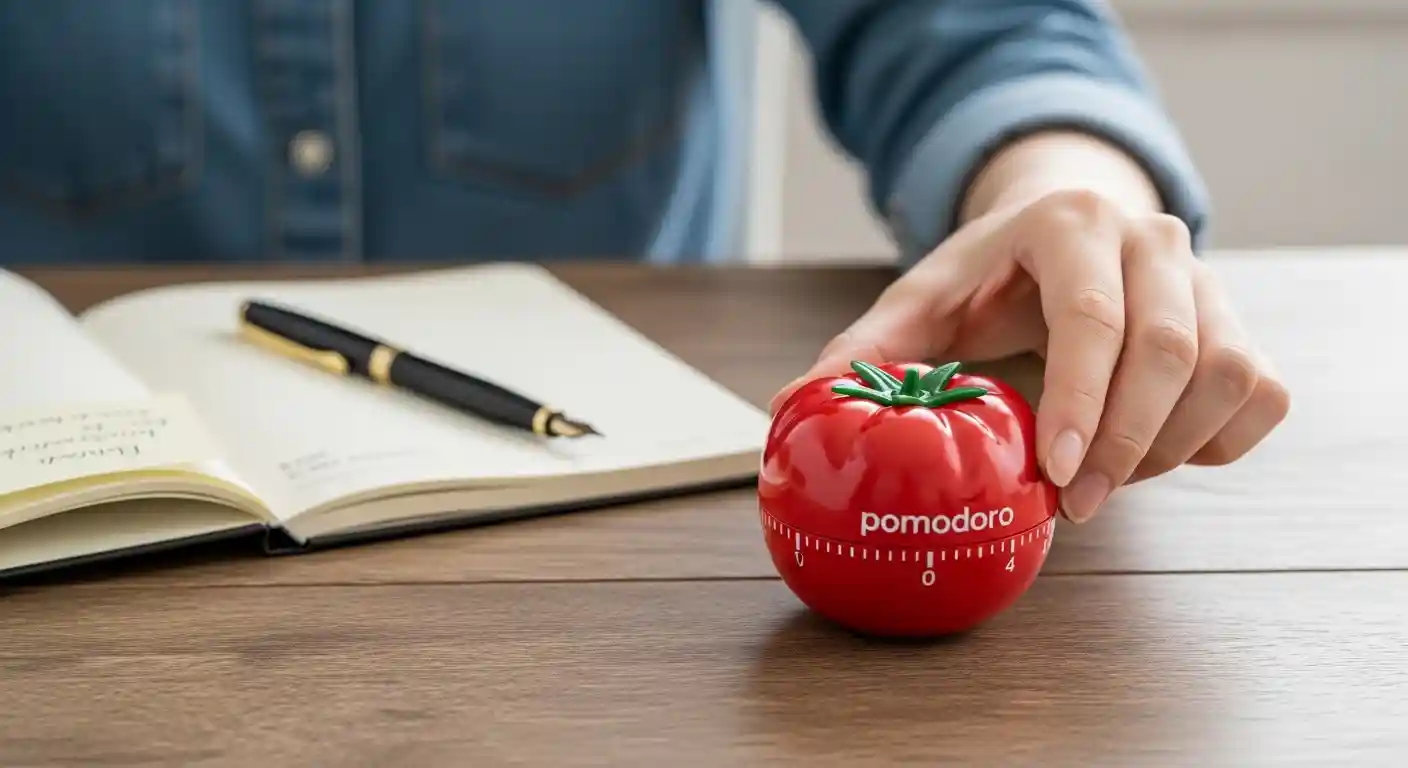 게으른 내가 매일 목표를 달성한 비결 시간 관리 성공 사례와 실천 노하우 3 뽀모도로 타이머를 설정하며 집중할 준비를 하는 한국인 손.