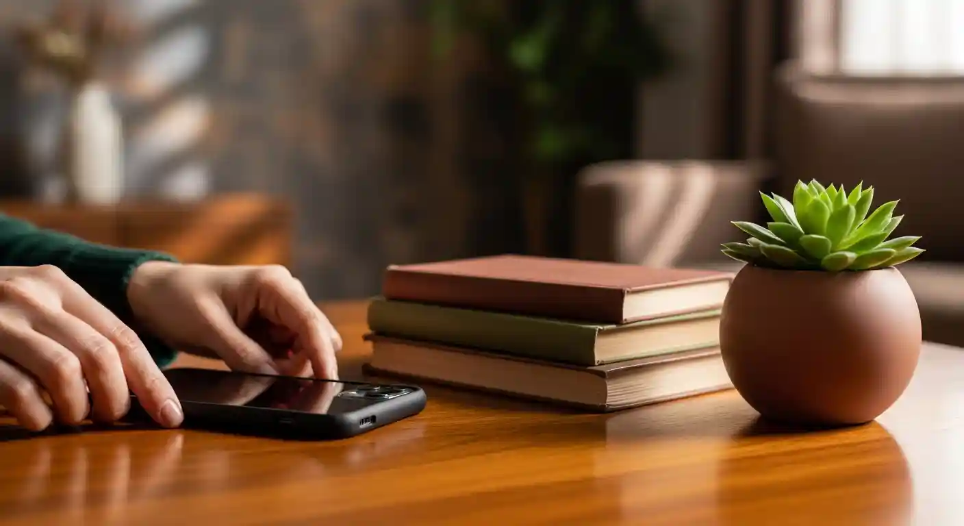 책과 작은 화분 옆에 놓인 스마트폰을 끄는 손, 디지털 디톡스를 상징하는 이미지.