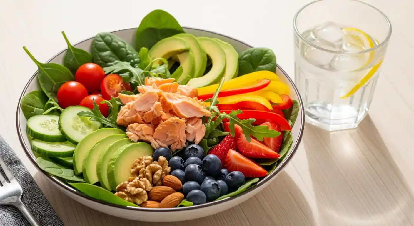 신선한 채소, 과일, 견과류, 생선이 담긴 건강한 샐러드와 물 한 잔, 건강한 식습관을 나타내는 이미지.